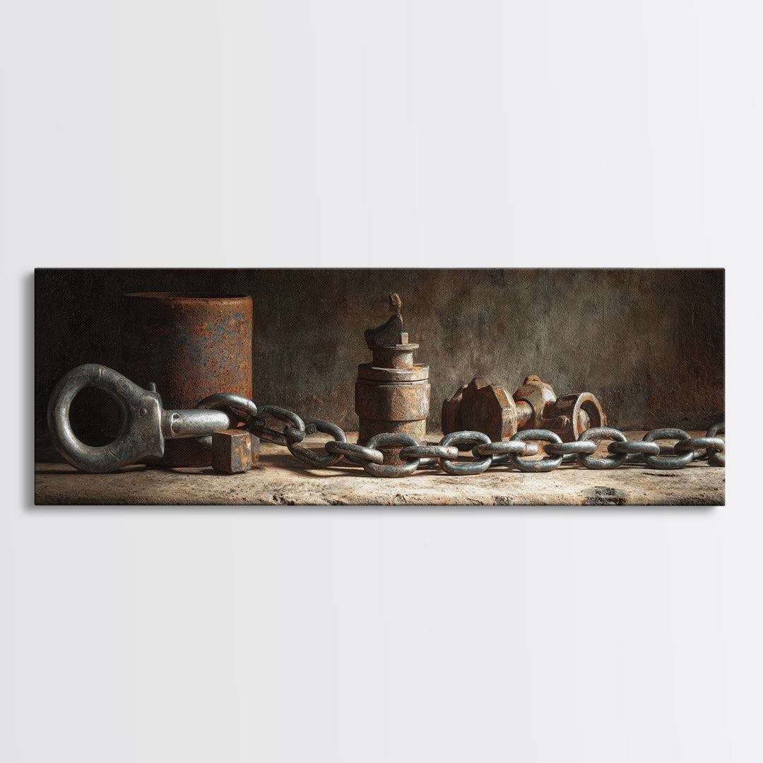 Chain and Hook Still Life Framed Canvas Print, Industrial Art, Wall Art, Living Room Decor, Fine Art, Foundry, Original Art, IND-3x1-56