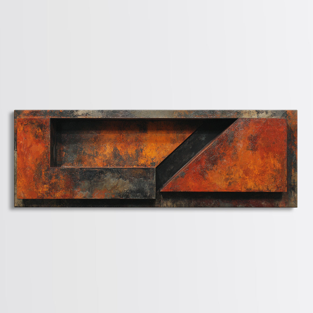 Rust Orange and Charcoal Geometric Abstraction Canvas Print, Industrial Art, Black and White Art, Living Room Decor, Foundry, IND-3x1-6