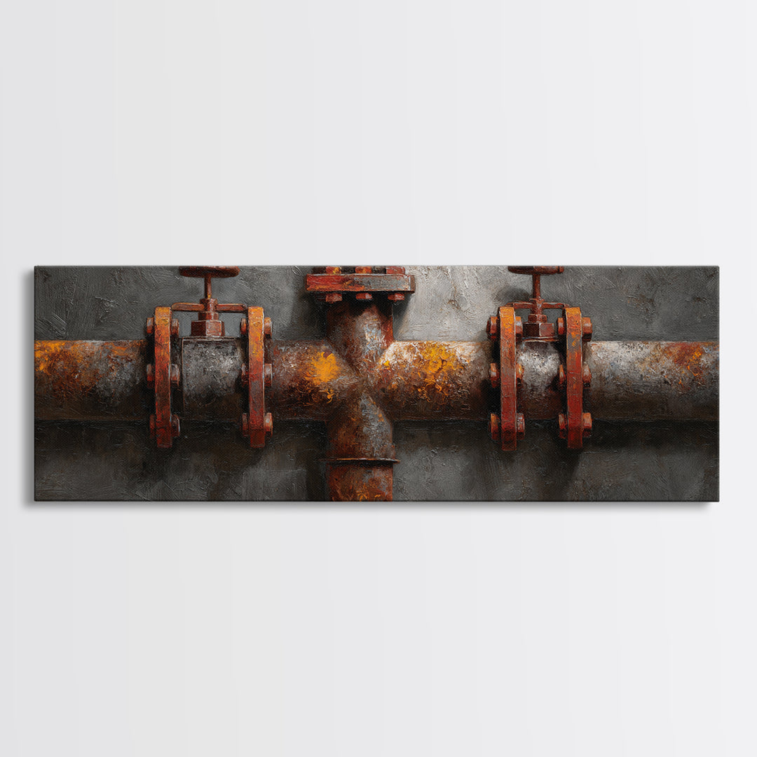 Metal Pipes and Valves as Graphic Composition Framed Canvas Print, Industrial Art, Wall Decor, Living Room Decor, Foundry, IND-3x1-72