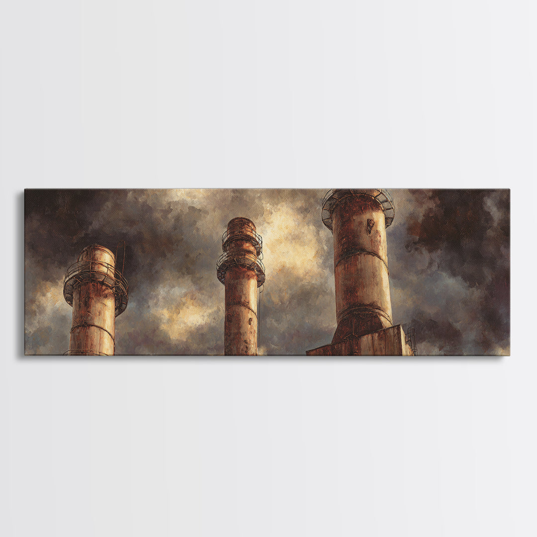 Factory Smokestacks with Moody Sky Canvas Print, Industrial Art, Black and White Wall Art, Living Room Decor, Fine Art, Foundry, IND-3x1-75
