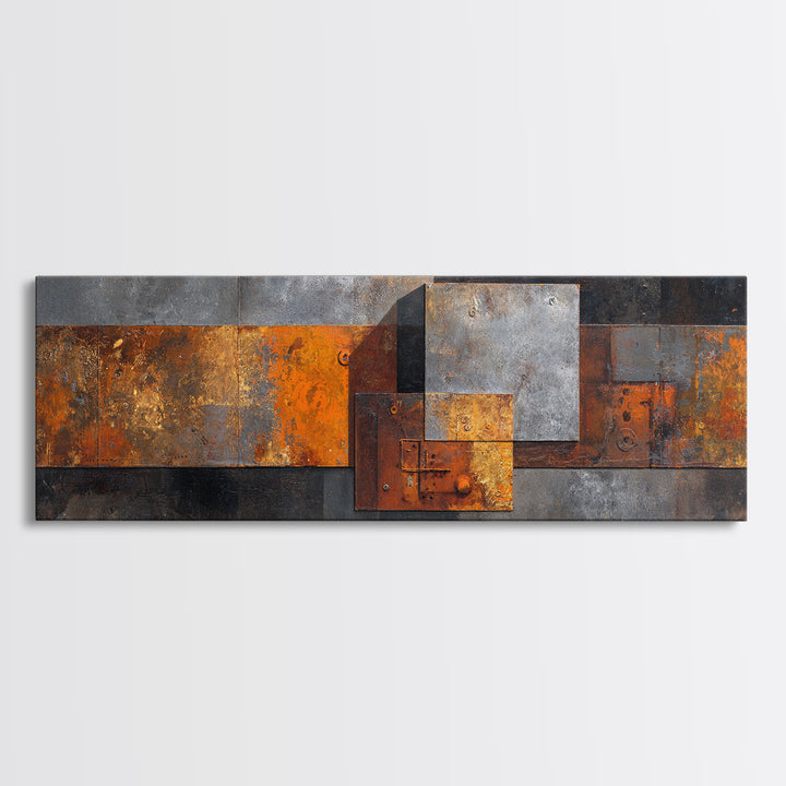 Rust Orange and Charcoal Geometric Abstraction Canvas Print, Industrial Art, Abstract Art, Living Room Decor, Fine Art, Foundry, IND-3x1-78