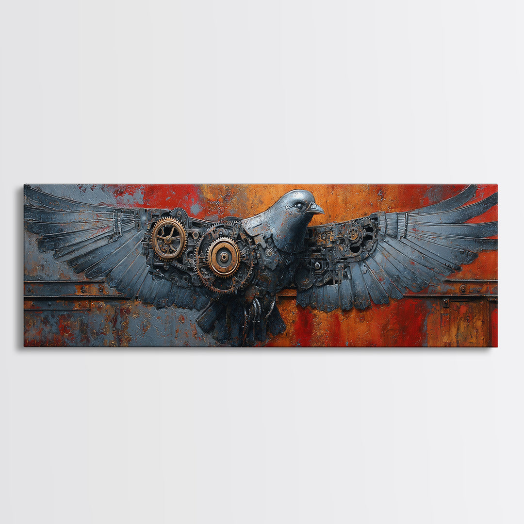 Mechanical Bird Made from Gears Canvas Print, Industrial Art, Abstract Art, Living Room Decor, Foundry, Bauhaus Poster, IND-3x1-83