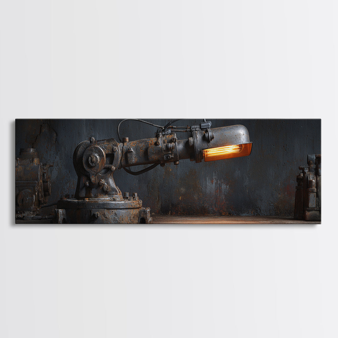 Industrial Lamp with Warm Glow Framed Canvas Print, Industrial Art, Textured Wall Art, Living Room Decor, Fine Art, Foundry, IND-3x1-87