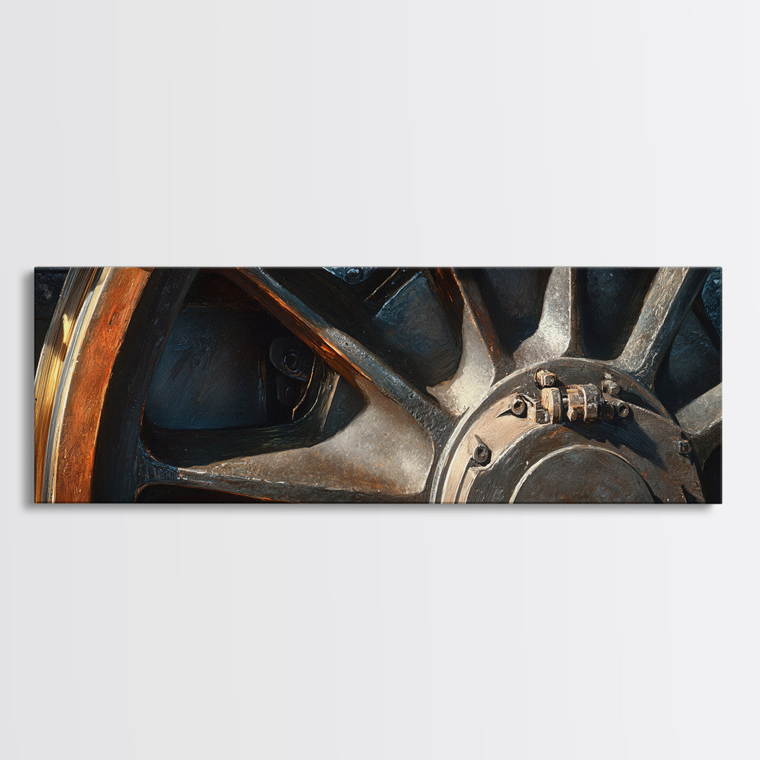 Steam Locomotive Wheel Closeup Canvas Print, Industrial Art, Black and White Art, Living Room Decor, Watercolor Art, Foundry, IND-3x1-94