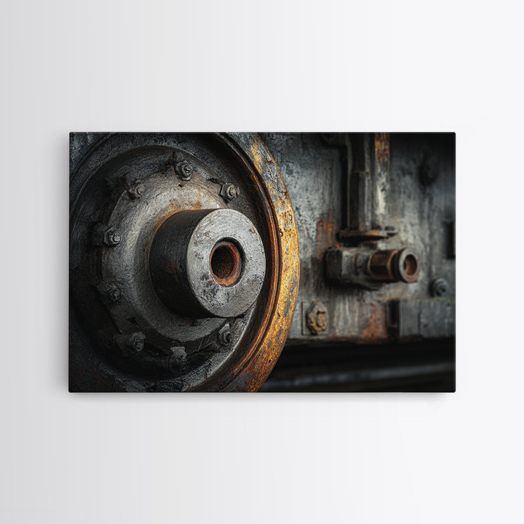 Steam Locomotive Wheel Closeup Framed Canvas Print, Industrial Art, Living Room Art, Living Room Decor, Fine Art, Foundry, IND-3x2-10