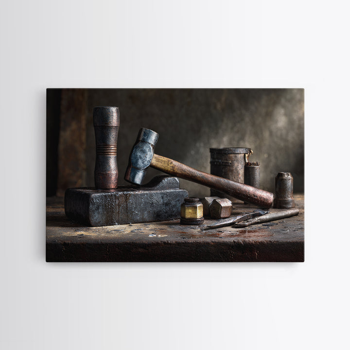 Blacksmith Tools on Dark Workbench Framed Canvas Print, Industrial Art, Metal Art, Living Room Decor, Fine Art, Foundry, IND-3x2-14