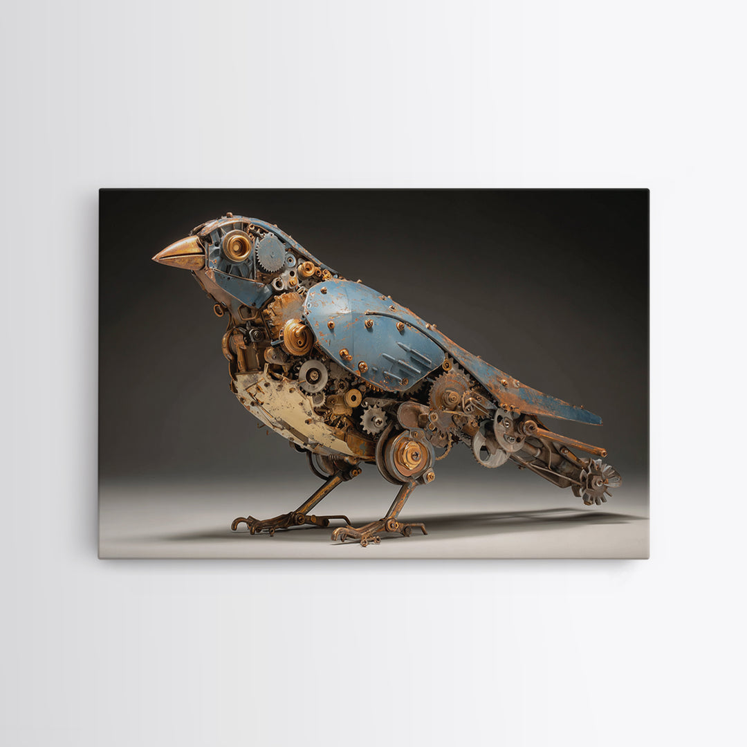 Mechanical Bird Made from Gears Framed Canvas Print, Industrial Art, Luxury Decor, Living Room Decor, Fine Art, Foundry, IND-3x2-23