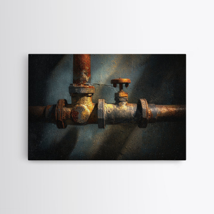 Metal Pipes and Valves as Graphic Composition Framed Canvas Print, Industrial Art, Luxury Decor, Living Room Decor, Foundry, IND-3x2-36