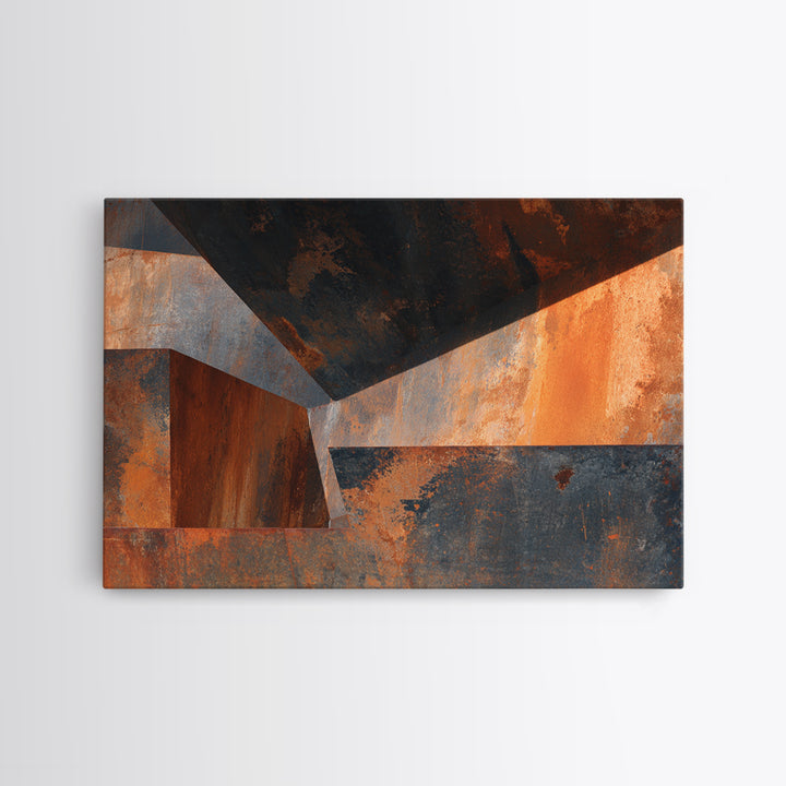 Rust Orange and Charcoal Geometric Abstraction Canvas Print, Industrial Art, Steampunk Decor, Living Room Decor, Abstract Art, IND-3x2-42