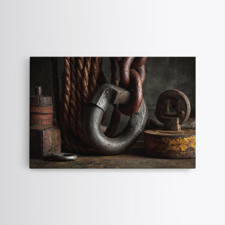 Chain and Hook Still Life Canvas Print, Industrial Art, Textured Painting, Living Room Decor, Watercolor Art, Foundry, IND-3x2-44