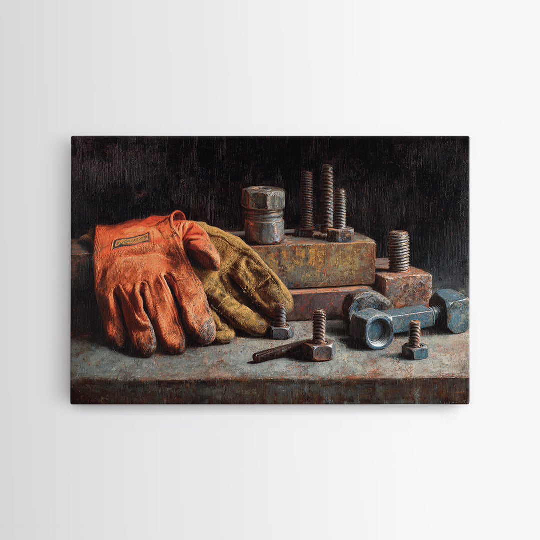 Worn Work Gloves and Bolts Arrangement Framed Canvas Print, Industrial Art, Bauhaus Poster, Living Room Decor, Foundry, IND-3x2-46