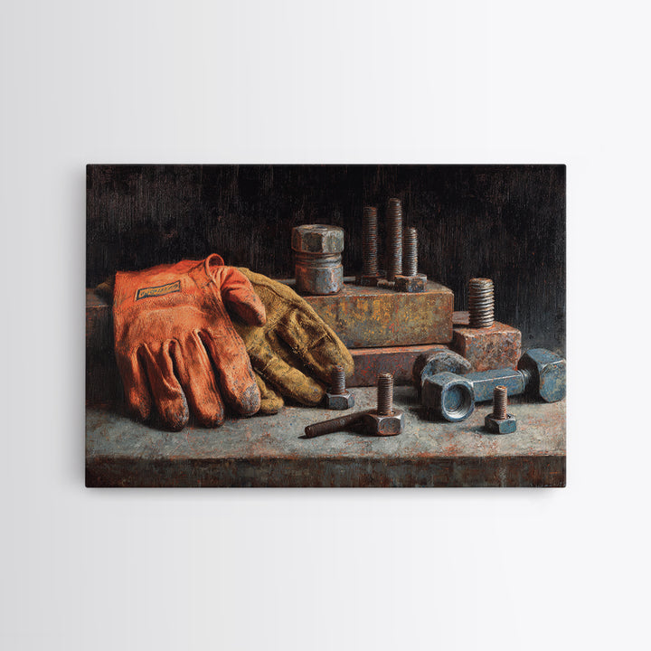 Worn Work Gloves and Bolts Arrangement Framed Canvas Print, Industrial Art, Bauhaus Poster, Living Room Decor, Foundry, IND-3x2-46