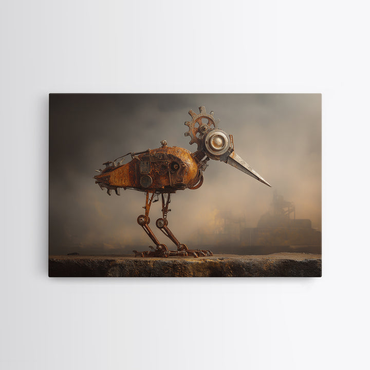 Mechanical Bird Made from Gears Framed Canvas Print, Industrial Art, Metal Art, Living Room Decor, Oil Painting, Foundry, IND-3x2-47
