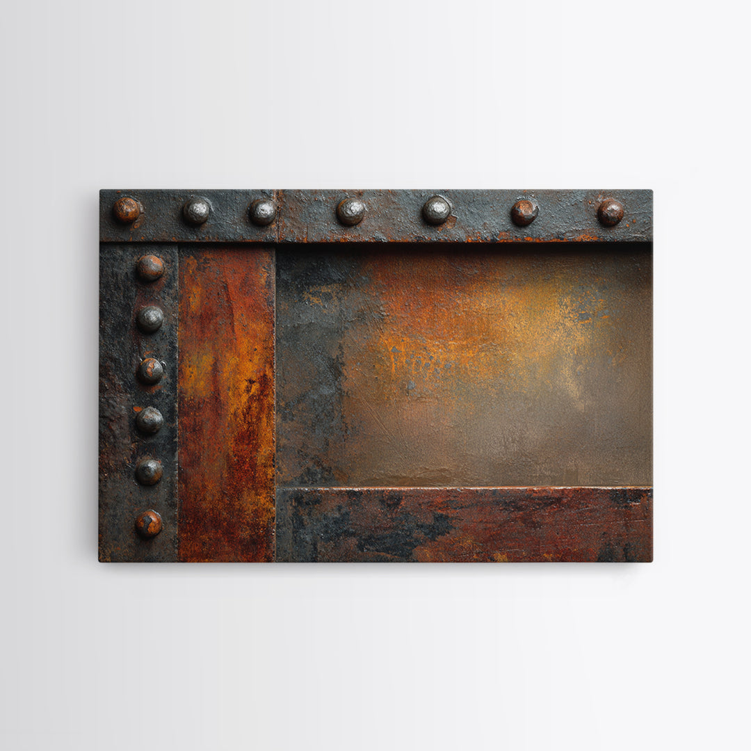 Riveted Metal Panel Texture Study Framed Canvas Print, Industrial Art, Living Room Decor, Oil Painting, Foundry, IND-3x2-50