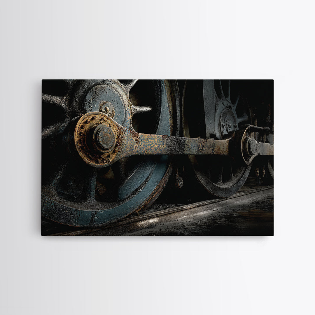 Steam Locomotive Wheel Closeup Canvas Print, Industrial Art, Black and White Art, Living Room Decor, Watercolor Art, Foundry, IND-3x2-58