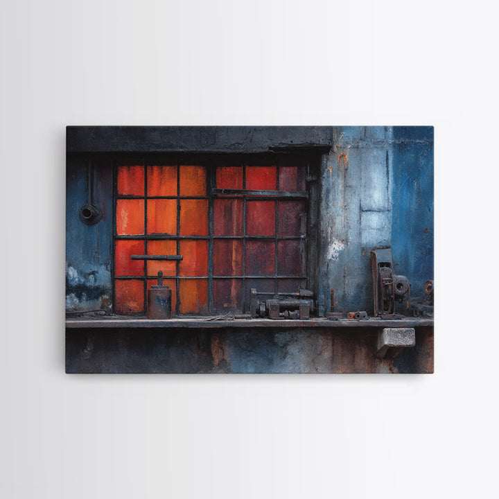 Old Factory Window Framed Canvas Print, Industrial Art, Large Art, Living Room Decor, Fine Art, Foundry, Statement Artwork, IND-3x2-6