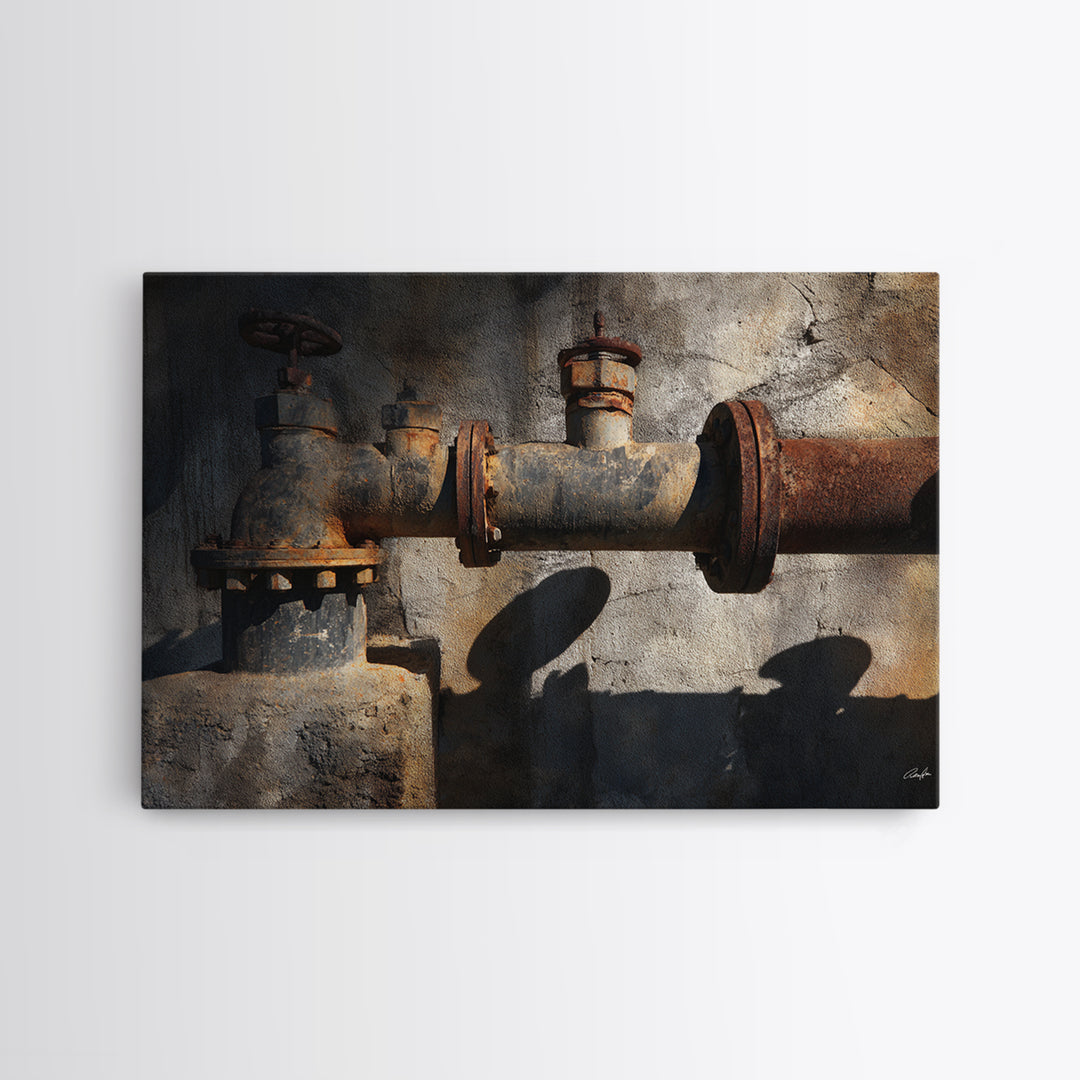 Metal Pipes and Valves as Graphic Composition Framed Canvas Print, Industrial Art, Art Prints, Living Room Decor, Foundry, IND-3x2-60