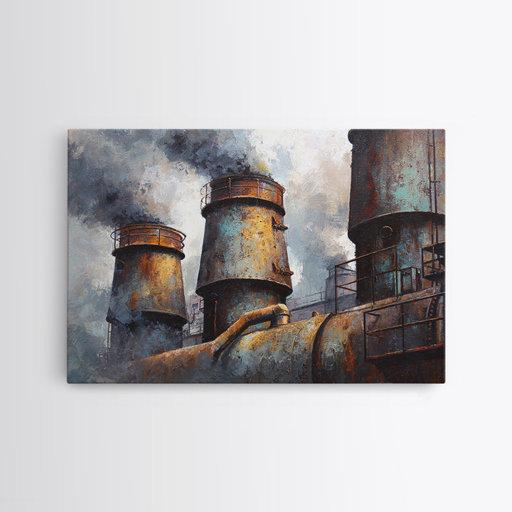 Factory Smokestacks with Moody Sky Framed Canvas Print, Industrial Art, Fine Art Print, Living Room Decor, Fine Art, Foundry, IND-3x2-63