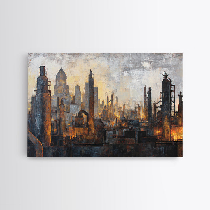 Industrial City Skyline Framed Canvas Print, Industrial Art, Art Print, Living Room Decor, Fine Art, Foundry, Modern Art, IND-3x2-64