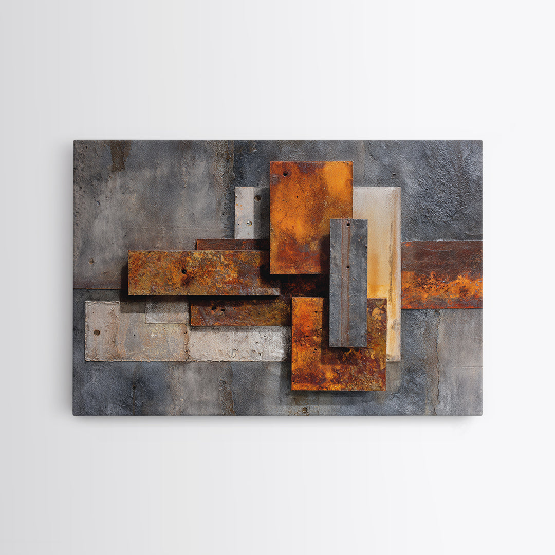 Rust Orange and Charcoal Geometric Abstraction Canvas Print, Industrial Art, Steampunk Decor, Living Room Decor, Abstract Art, IND-3x2-66