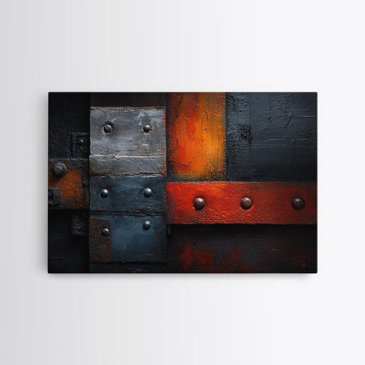Riveted Metal Panel Texture Study Framed Canvas Print, Industrial Art, Living Room Decor, Oil Painting, Foundry, IND-3x2-74