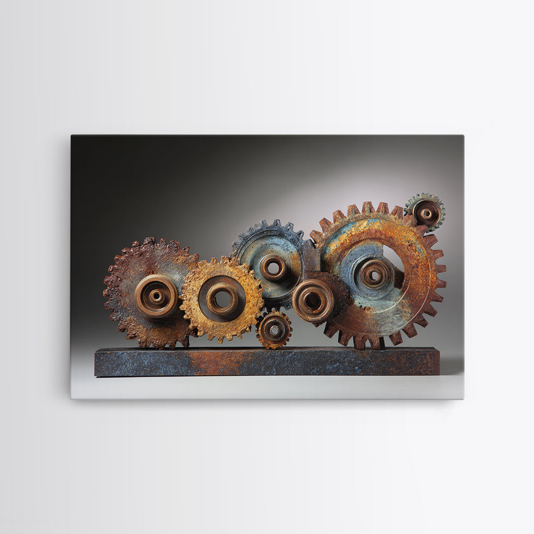 Rusted Gears Arranged as Sculptural Still Life Framed Canvas Print, Industrial Art, Wall Decor, Living Room Decor, Foundry, IND-3x2-77