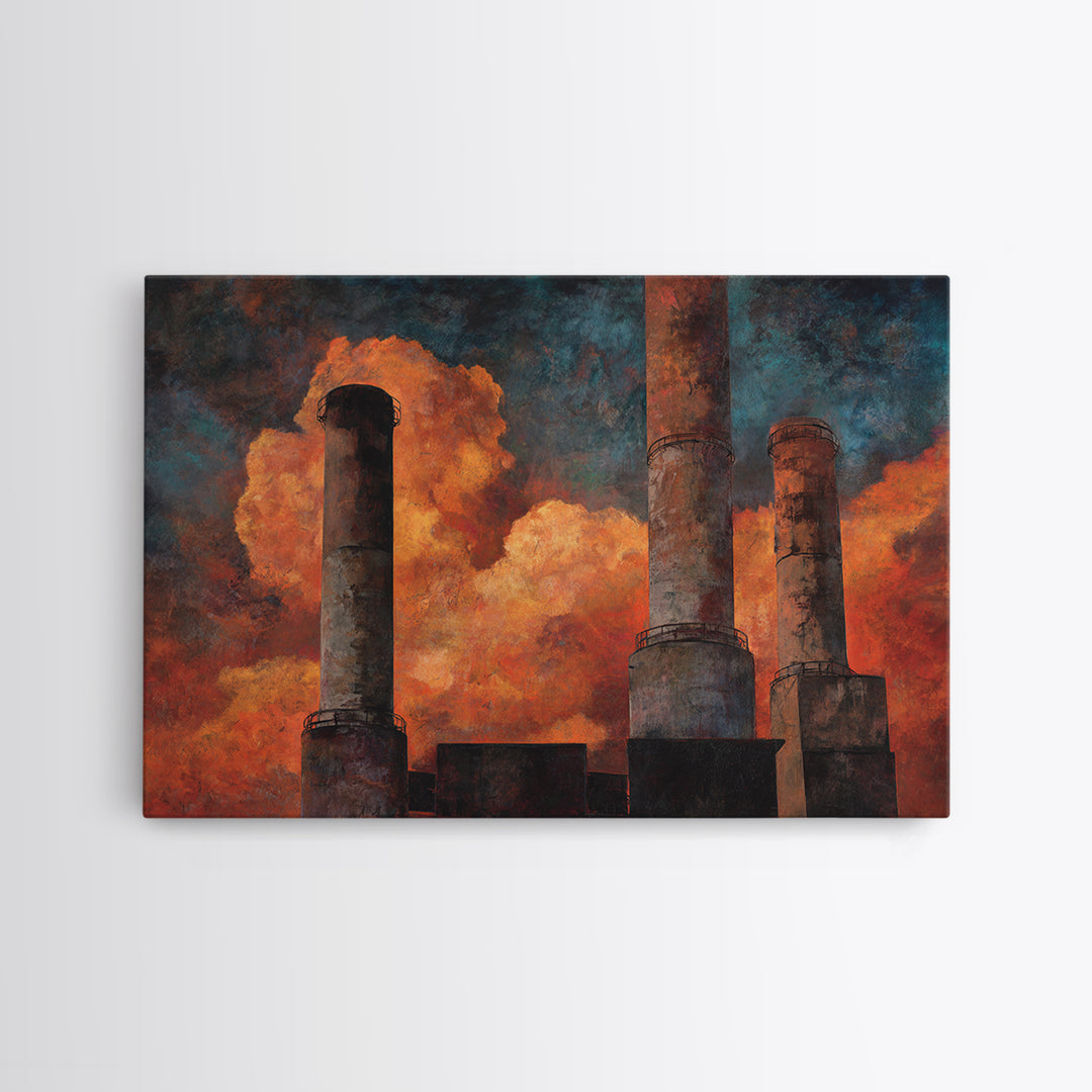 Factory Smokestacks with Moody Sky Framed Canvas Print, Industrial Art, Textured Wall Art, Living Room Decor, Fine Art, Foundry, IND-3x2-87