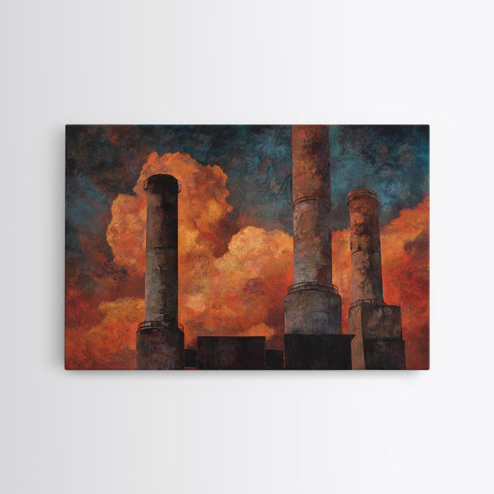 Factory Smokestacks with Moody Sky Framed Canvas Print, Industrial Art, Textured Wall Art, Living Room Decor, Fine Art, Foundry, IND-3x2-87