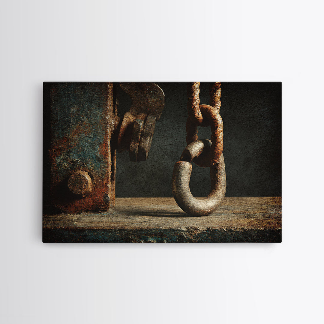 Chain and Hook Still Life Framed Canvas Print, Industrial Art, Textured Wall Art, Living Room Decor, Fine Art, Foundry, IND-3x2-92