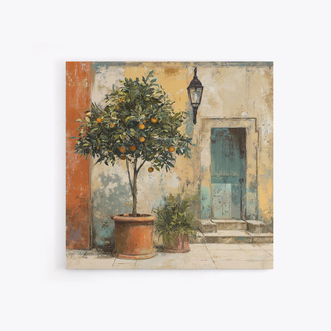 Orange Tree in a Courtyard Planter Canvas Print, Italian Villa Art, Coastal Decor, Living Room Decor, Fine Art, Villa, IVA-1x1-14
