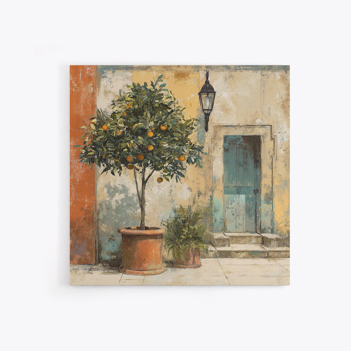 Orange Tree in a Courtyard Planter Canvas Print, Italian Villa Art, Coastal Decor, Living Room Decor, Fine Art, Villa, IVA-1x1-14