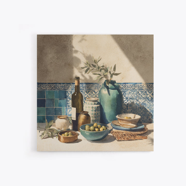 White Wine and Olives Still Life Framed Canvas Print, Italian Villa Art, Farmhouse Wall Art, Living Room Decor, Watercolor Art, IVA-1x1-16