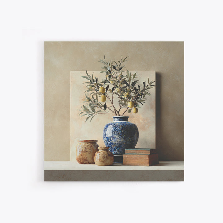 Lemon Branch in Blue Ceramic Vase Framed Canvas Print, Italian Villa Art, Bedroom Wall Art, Living Room Decor, Oil Painting, IVA-1x1-2