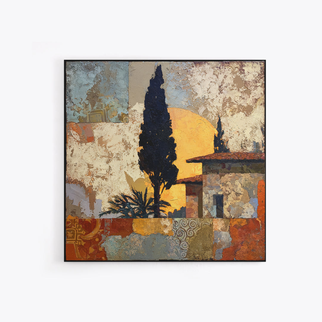 Cypress Silhouette at Sunset Framed Canvas Print, Italian Villa Art, Landscape Painting, Living Room Decor, Fine Art, Villa, IVA-1x1-21