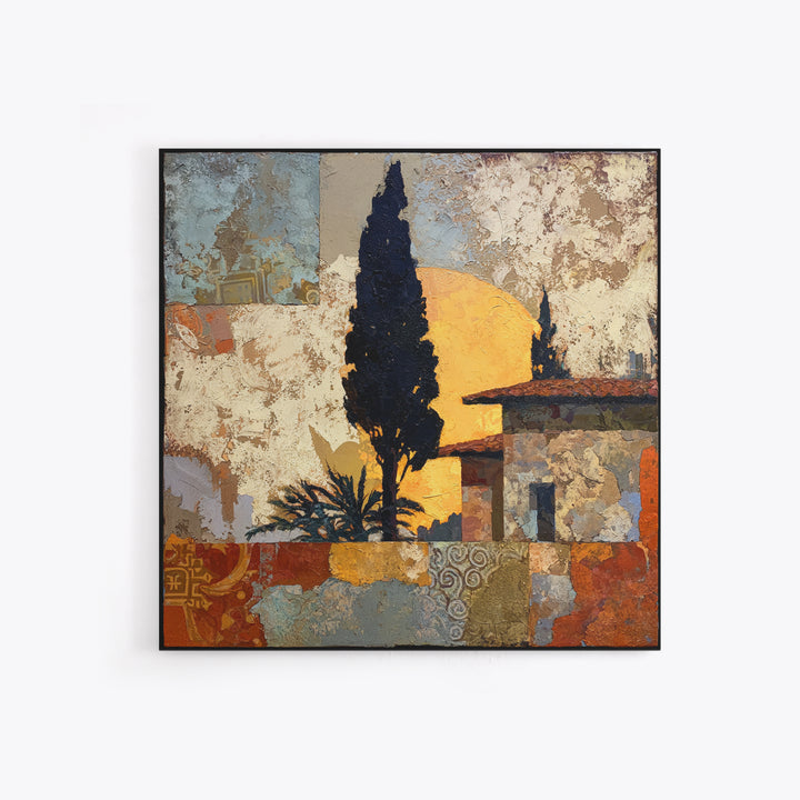 Cypress Silhouette at Sunset Framed Canvas Print, Italian Villa Art, Landscape Painting, Living Room Decor, Fine Art, Villa, IVA-1x1-21