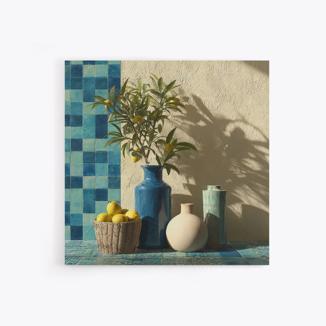 Lemon Branch in Blue Ceramic Vase Canvas Print, Italian Villa Art, Gallery Wall, Living Room Decor, Watercolor Art, Villa, IVA-1x1-26