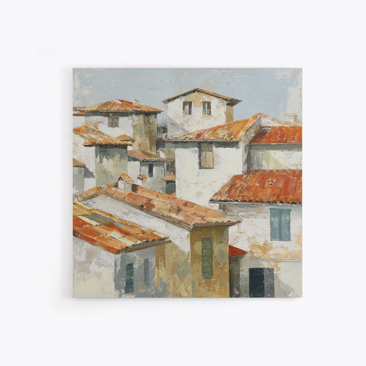 Terracotta Rooftops Against Pale Sky Framed Canvas Print, Italian Villa Art, Printable Art, Living Room Decor, Oil Painting, IVA-1x1-28