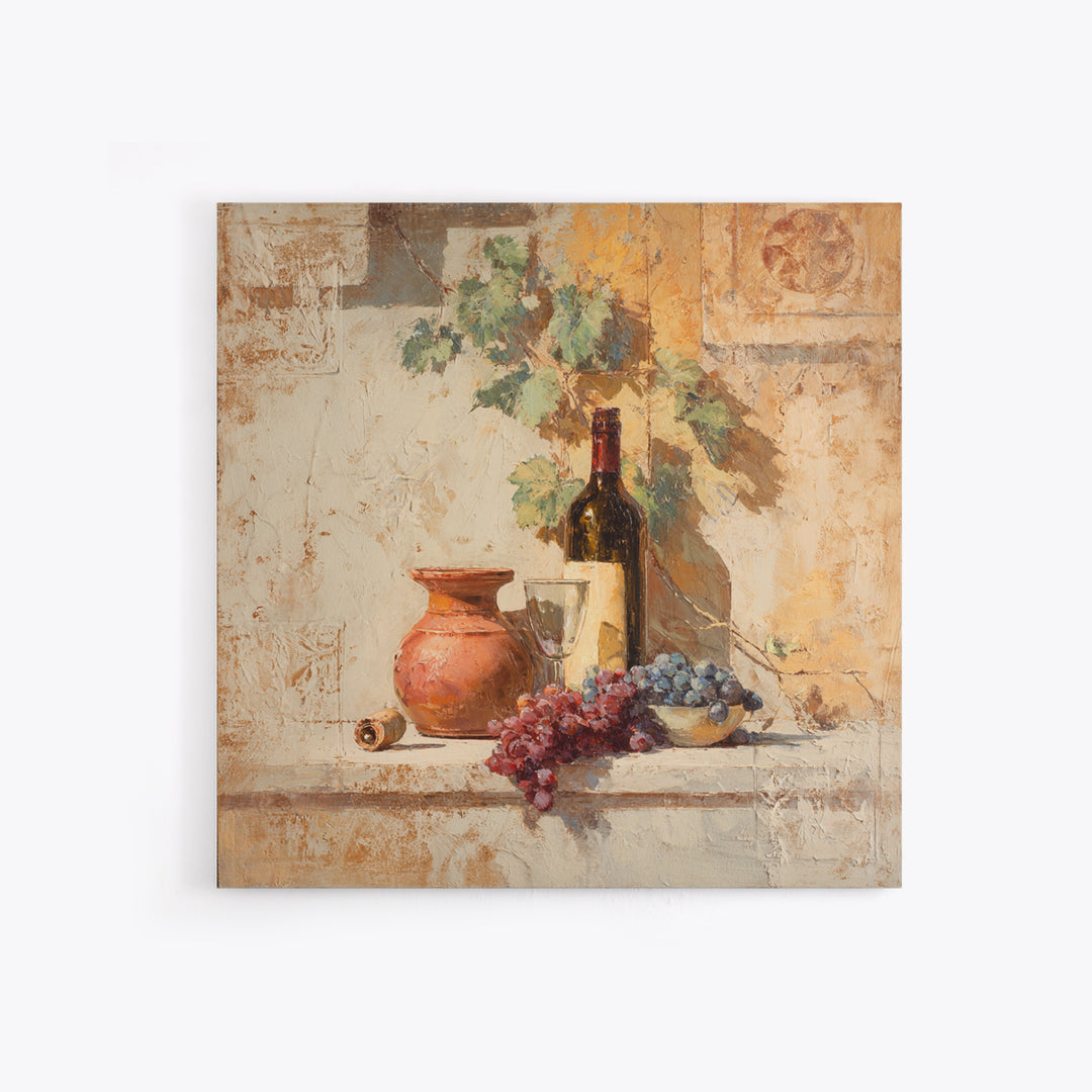 Grapevine and Wine Still Life on Linen Canvas Print, Italian Villa Art, Coastal Wall Art, Living Room Decor, Abstract Art, IVA-1x1-31