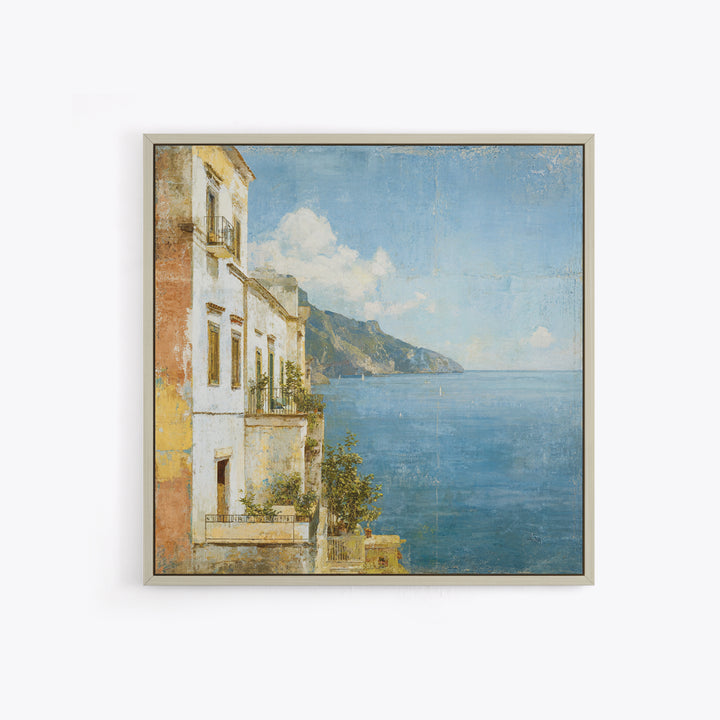 Amalfi Coast Cliffs Framed Canvas Print, Italian Villa Art, Colorful Wall Art, Living Room Decor, Oil Painting, Villa, IVA-1x1-37