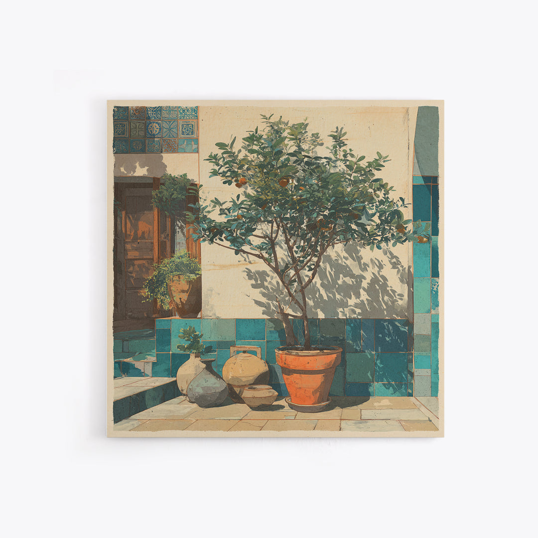 Orange Tree in a Courtyard Planter Framed Canvas Print, Italian Villa Art, Digital Download Art, Living Room Decor, Villa, IVA-1x1-38