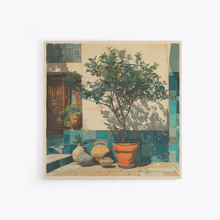 Orange Tree in a Courtyard Planter Framed Canvas Print, Italian Villa Art, Digital Download Art, Living Room Decor, Villa, IVA-1x1-38