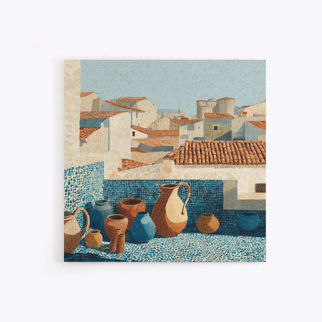 Terracotta Rooftops Against Pale Sky Canvas Print, Italian Villa Art, Wall Art Prints, Living Room Decor, Watercolor Art, Villa, IVA-1x1-4