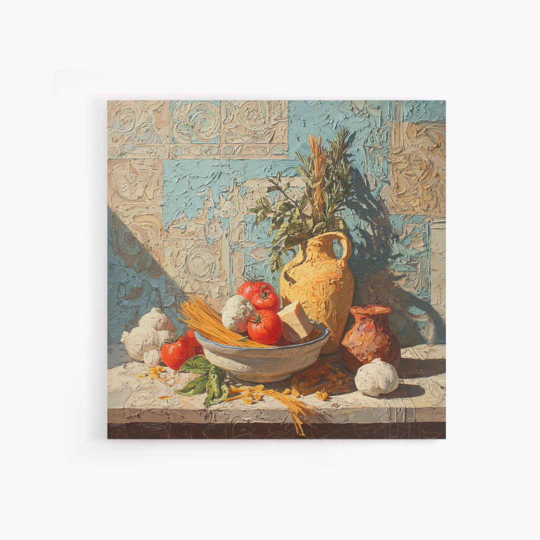 Pasta Herbs and Tomatoes Still Life Framed Canvas Print, Italian Villa Art, Farmhouse Wall Art, Living Room Decor, Oil Painting, IVA-1x1-43