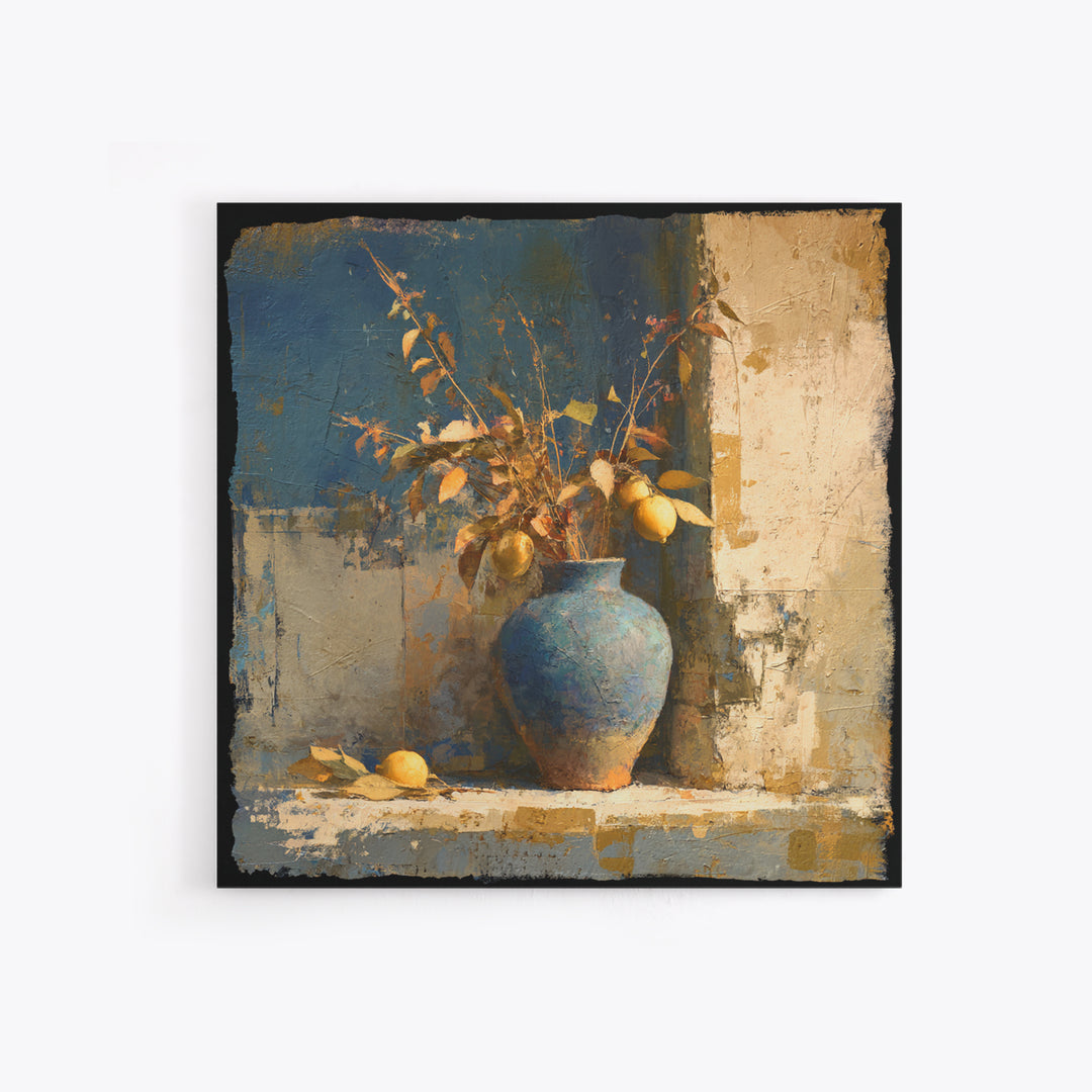 Lemon Branch in Blue Ceramic Vase Canvas Print, Italian Villa Art, Gallery Wall, Living Room Decor, Watercolor Art, Villa, IVA-1x1-50