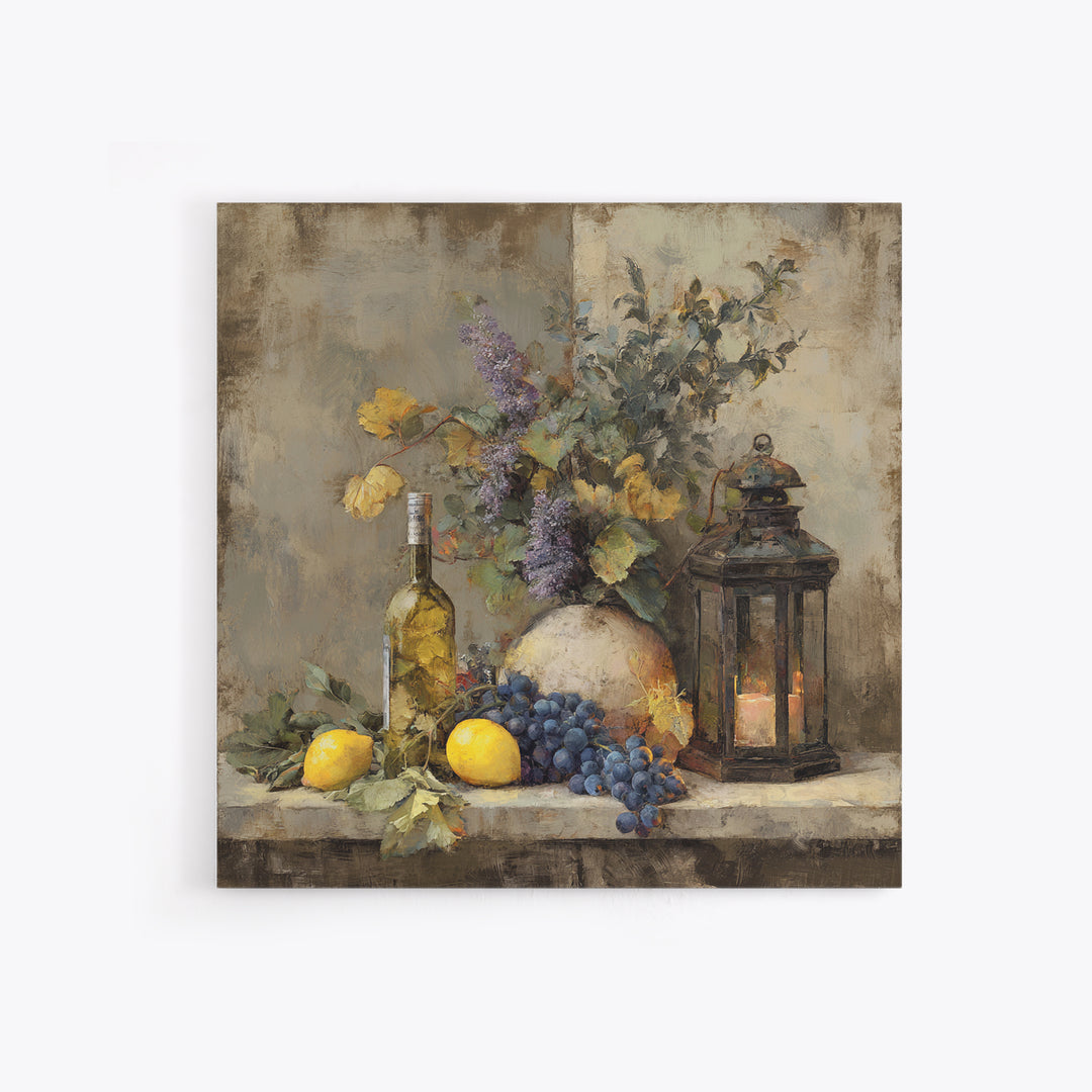 Grapevine and Wine Still Life on Linen Canvas Print, Italian Villa Art, Neutral Wall Art, Living Room Decor, Abstract Art, IVA-1x1-55
