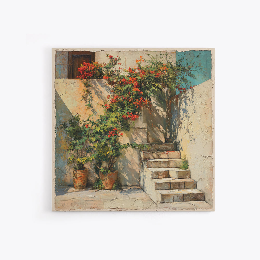 Sunlit Stone Stairway Canvas Print, Italian Villa Art, Rustic Home Decor, Living Room Decor, Fine Art, Villa, Boho Decor, IVA-1x1-59