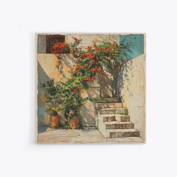 Sunlit Stone Stairway Canvas Print, Italian Villa Art, Rustic Home Decor, Living Room Decor, Fine Art, Villa, Boho Decor, IVA-1x1-59