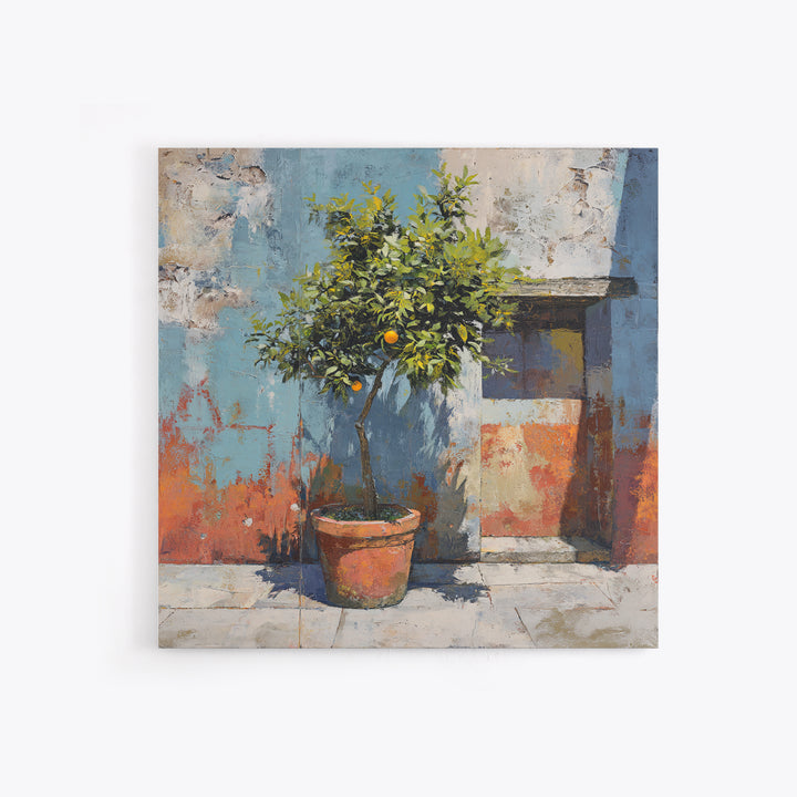 Orange Tree in a Courtyard Planter Framed Canvas Print, Italian Villa Art, Digital Download Art, Living Room Decor, Villa, IVA-1x1-62