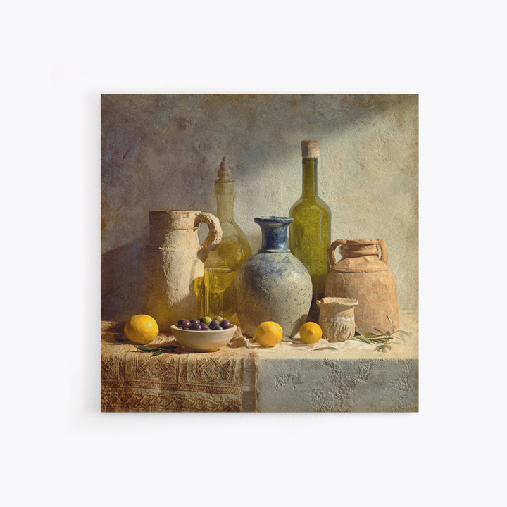 White Wine and Olives Still Life Framed Canvas Print, Italian Villa Art, Farmhouse Wall Art, Living Room Decor, Fine Art, Villa, IVA-1x1-64