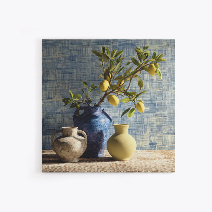 Lemon Branch in Blue Ceramic Vase Framed Canvas Print, Italian Villa Art, Gallery Wall Set, Living Room Decor, Watercolor Art, IVA-1x1-74